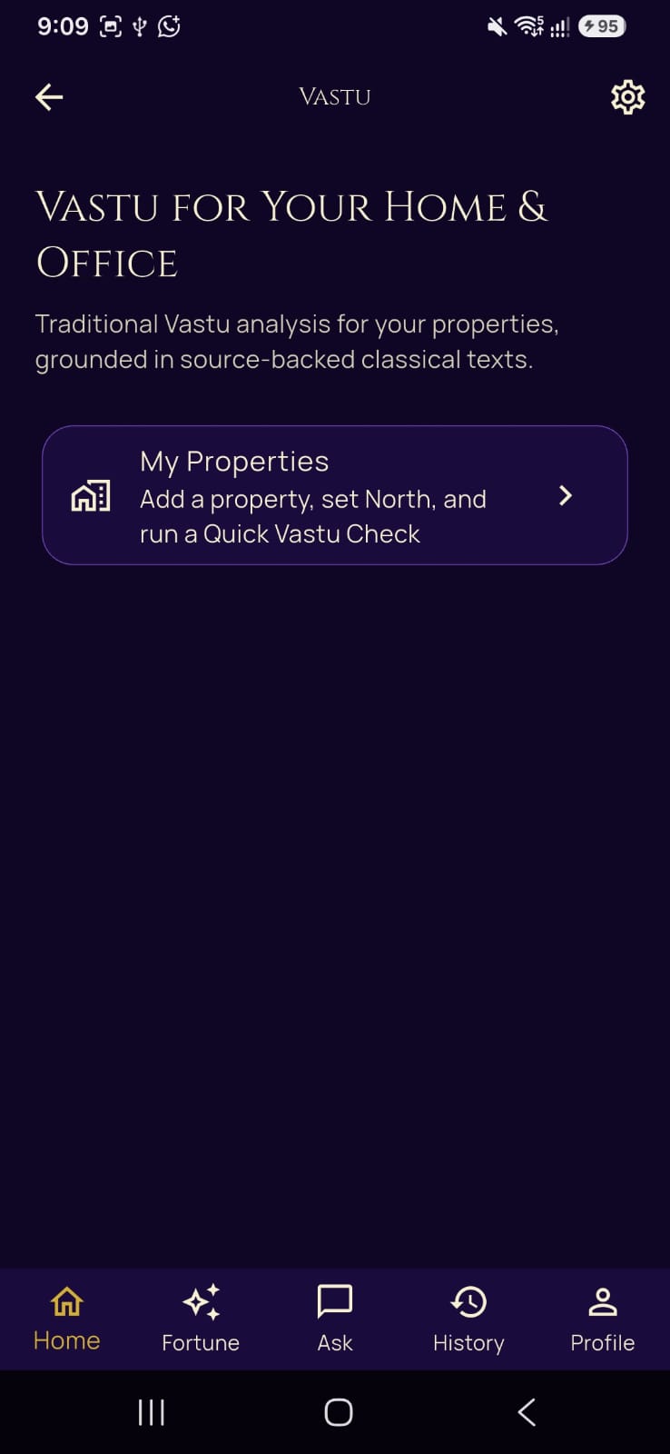 PalmGuru Vastu Hub screen, showing property tools for home and office