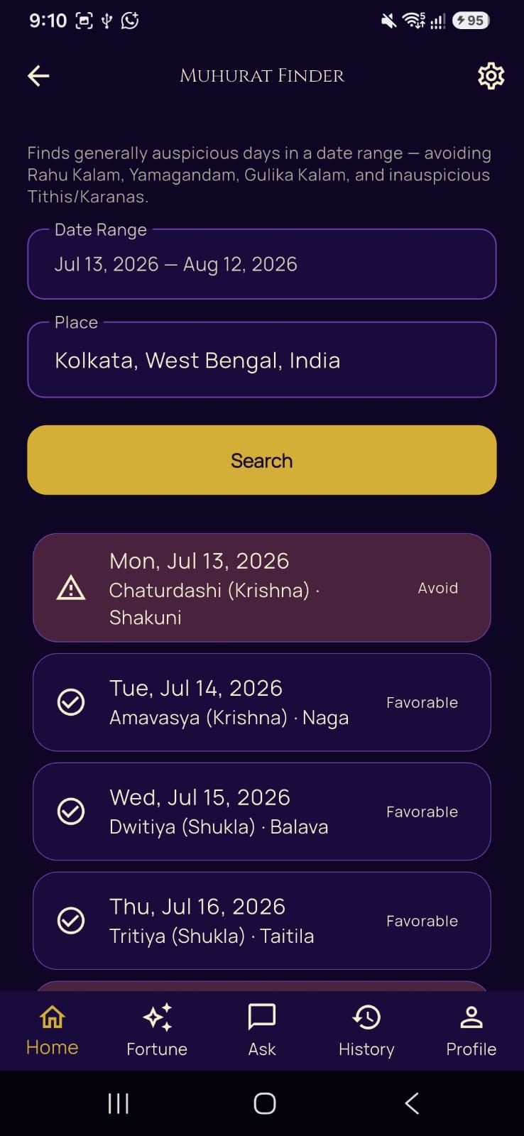 PalmGuru Muhurat Finder screen, listing favorable and inauspicious dates