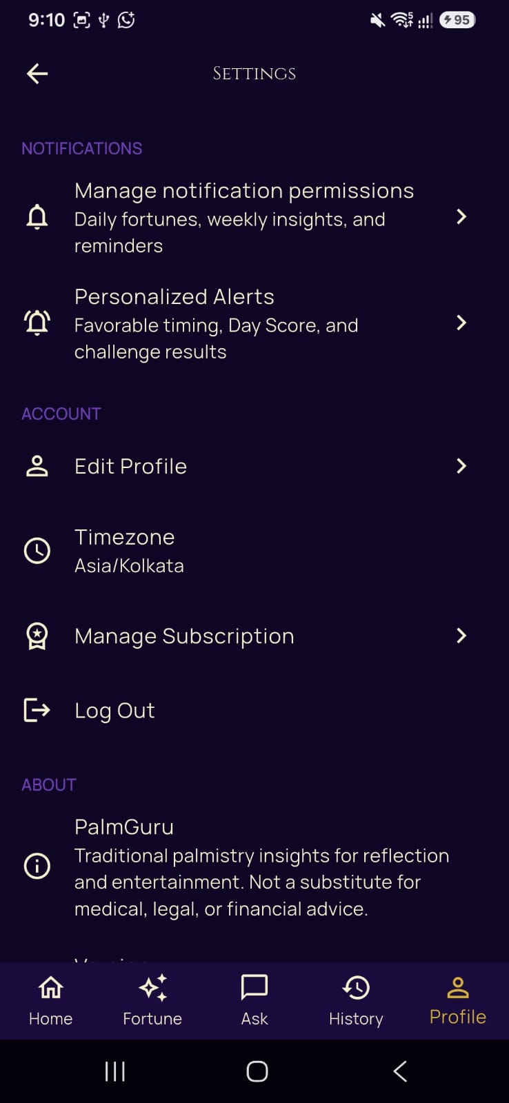 PalmGuru Settings screen, showing notification, account, and subscription options