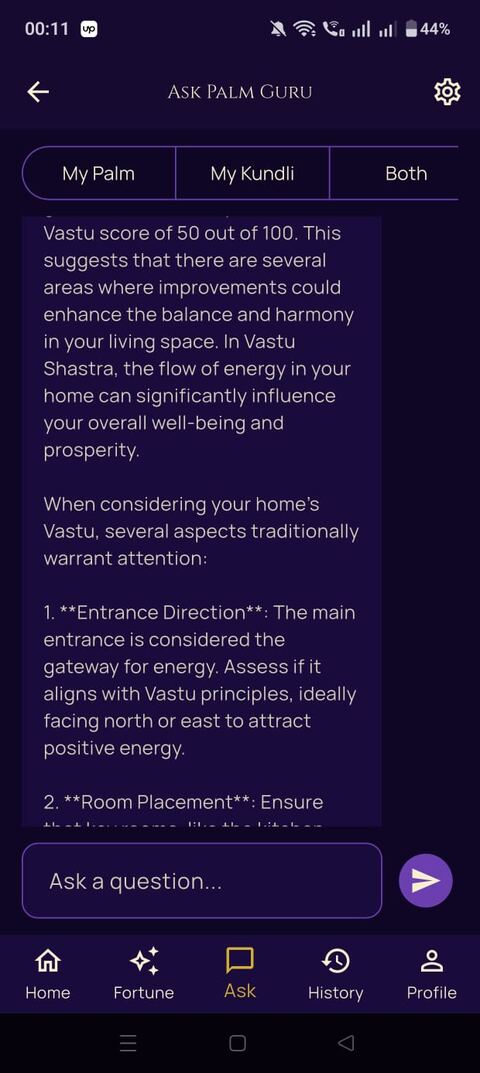 Ask PalmGuru AI Jyotishi chat answering a Vastu question