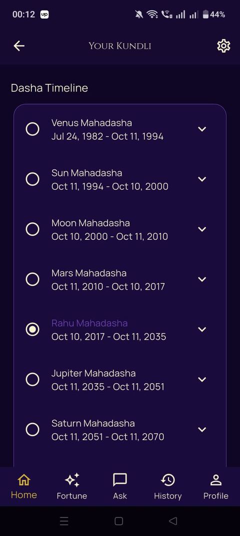 PalmGuru Kundli Dasha timeline screen