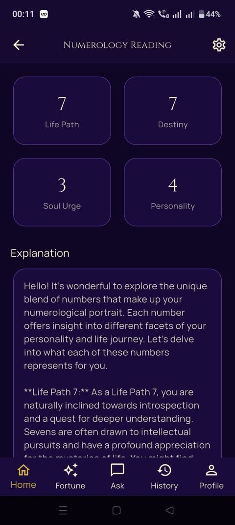 PalmGuru numerology reading screen with Life Path and Destiny numbers